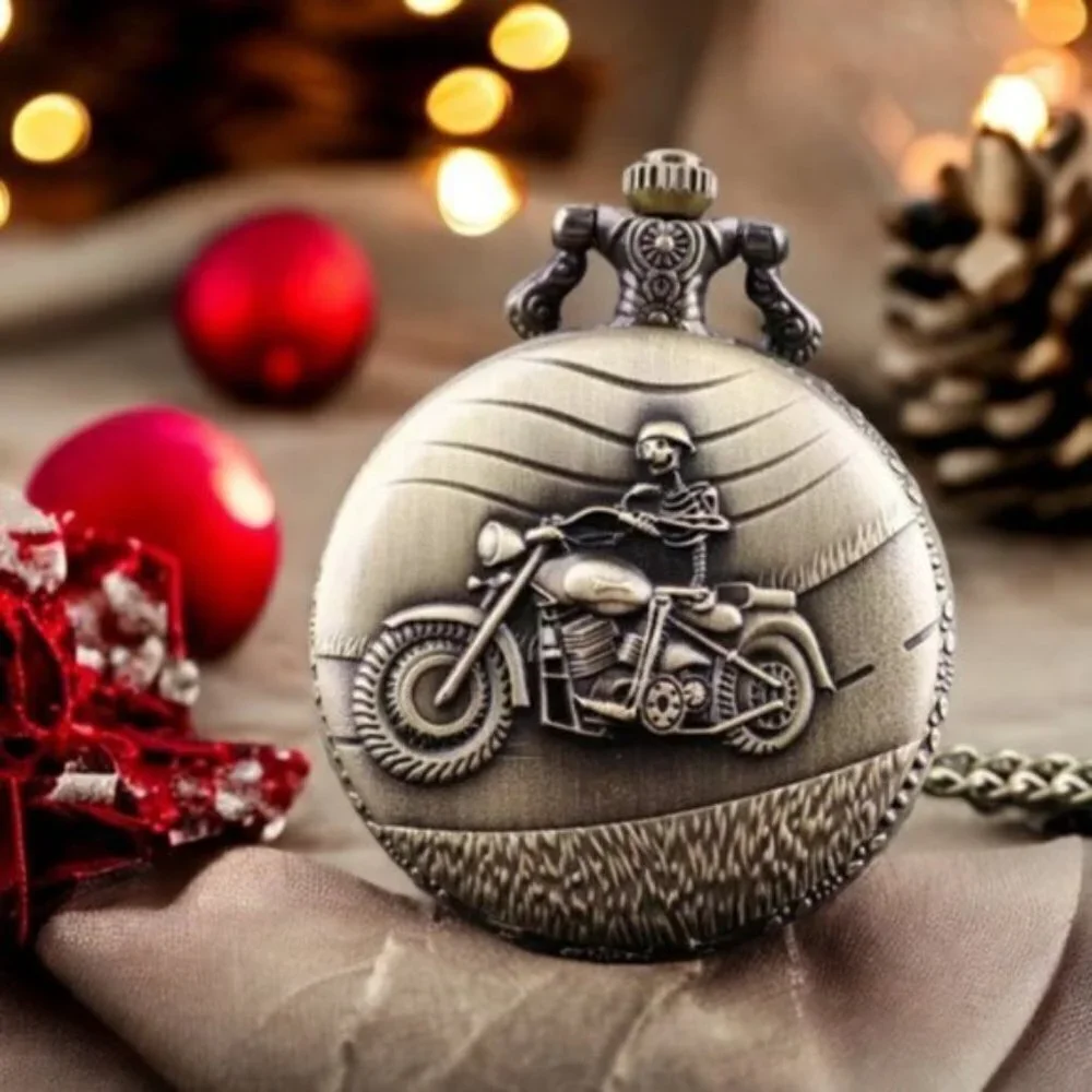 Pocket Watch Motorcycle Skeleton Biker Steampunk Chain Quartz Analog Retro Gift